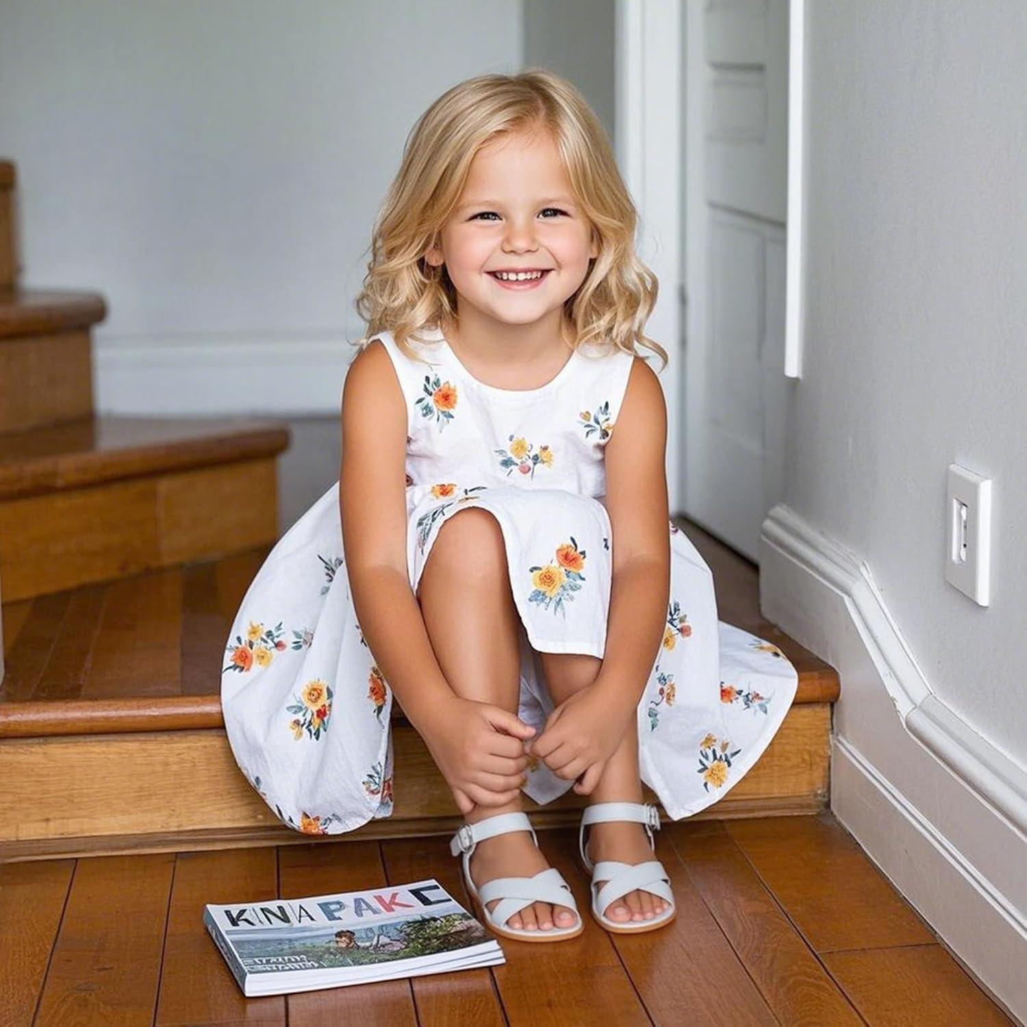 imageKiderence Toddler Girls Pink Floral Sandals Girls Casual Flat Sandals with Ankle Strap629all White