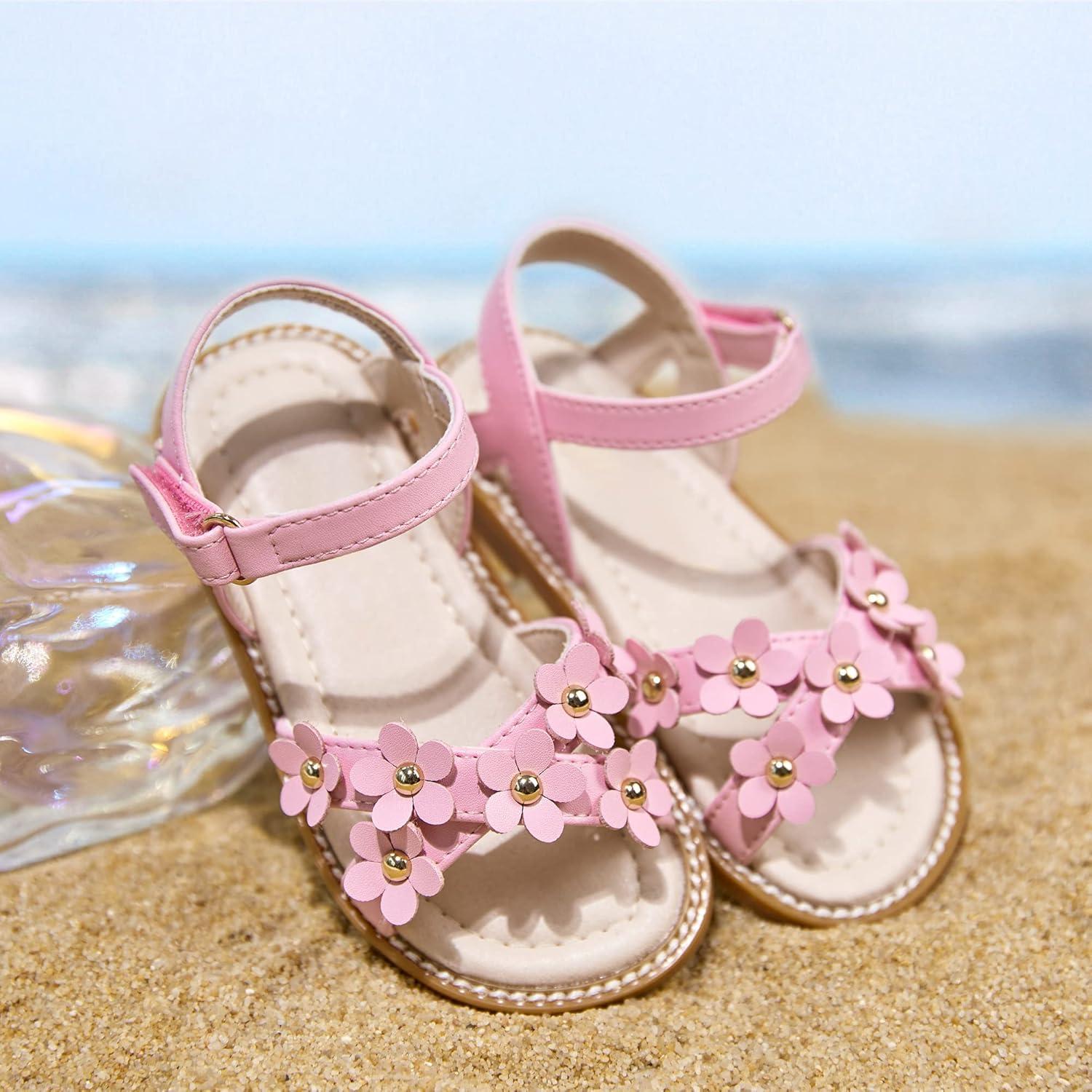 imageKiderence Toddler Girls Pink Floral Sandals Girls Casual Flat Sandals with Ankle StrapCk370 Pink
