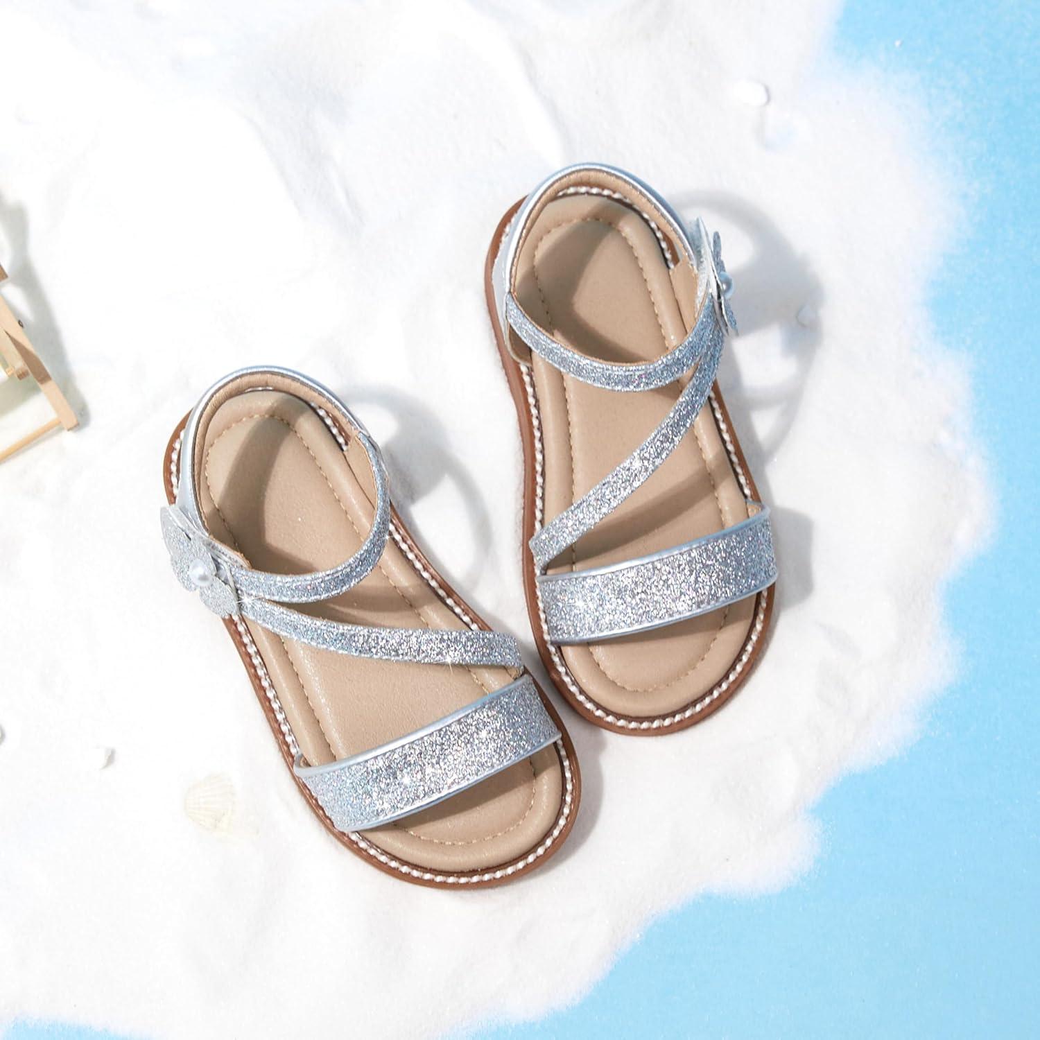 imageKiderence Toddler Girls Pink Floral Sandals Girls Casual Flat Sandals with Ankle StrapCk540 Silver