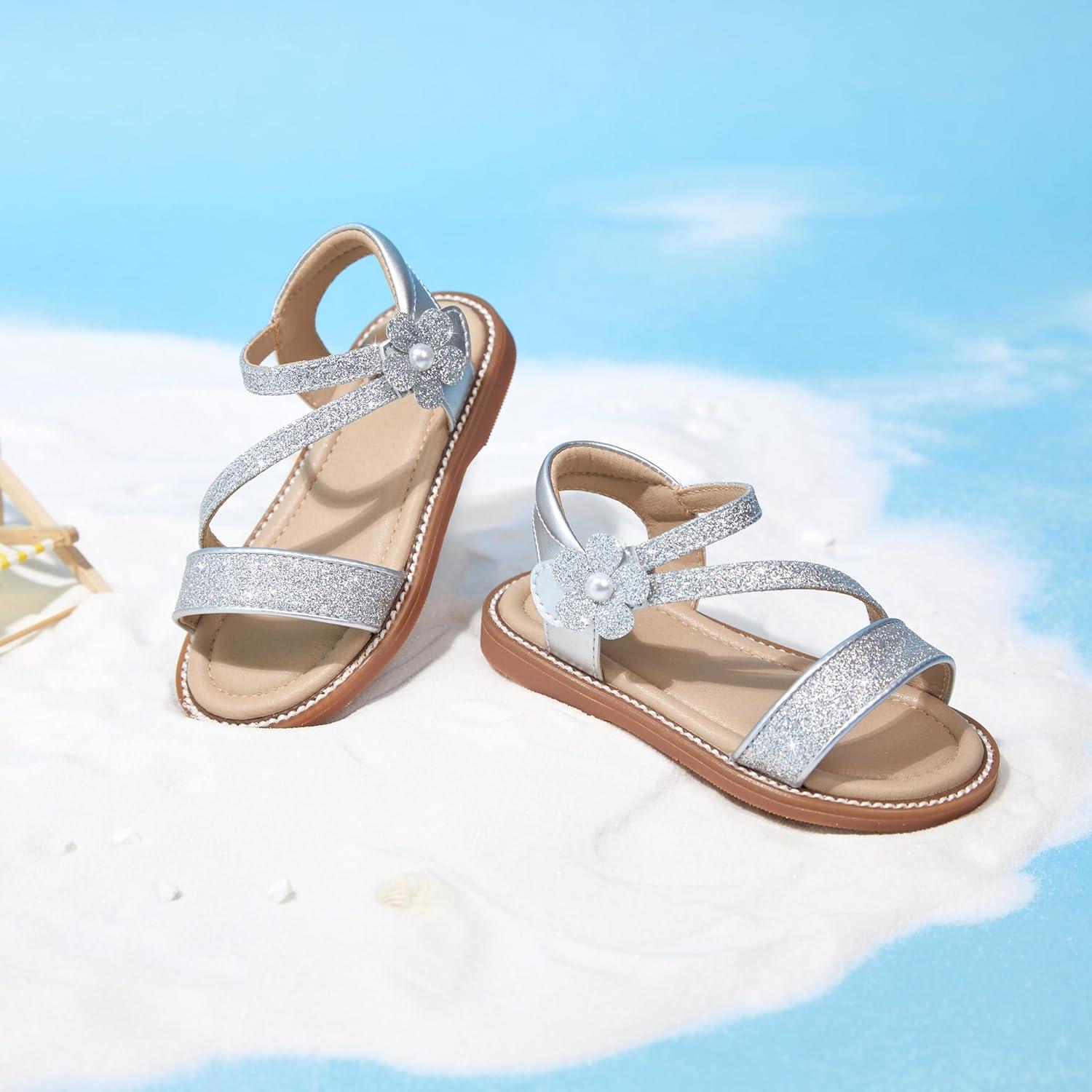 imageKiderence Toddler Girls Pink Floral Sandals Girls Casual Flat Sandals with Ankle StrapCk540 Silver