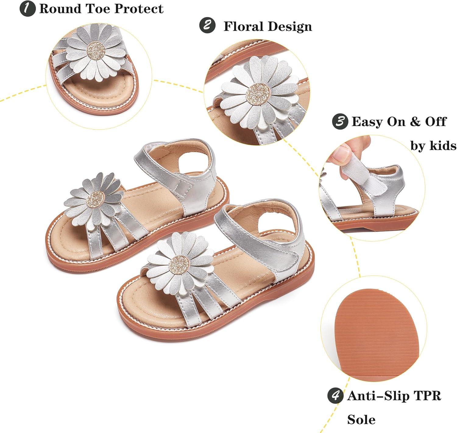 imageKiderence Toddler Girls Pink Floral Sandals Girls Casual Flat Sandals with Ankle StrapCk552 Silver
