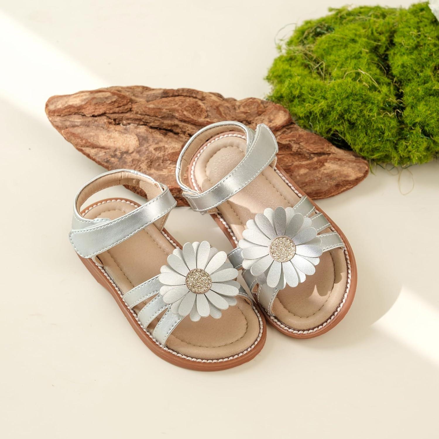 imageKiderence Toddler Girls Pink Floral Sandals Girls Casual Flat Sandals with Ankle StrapCk552 Silver