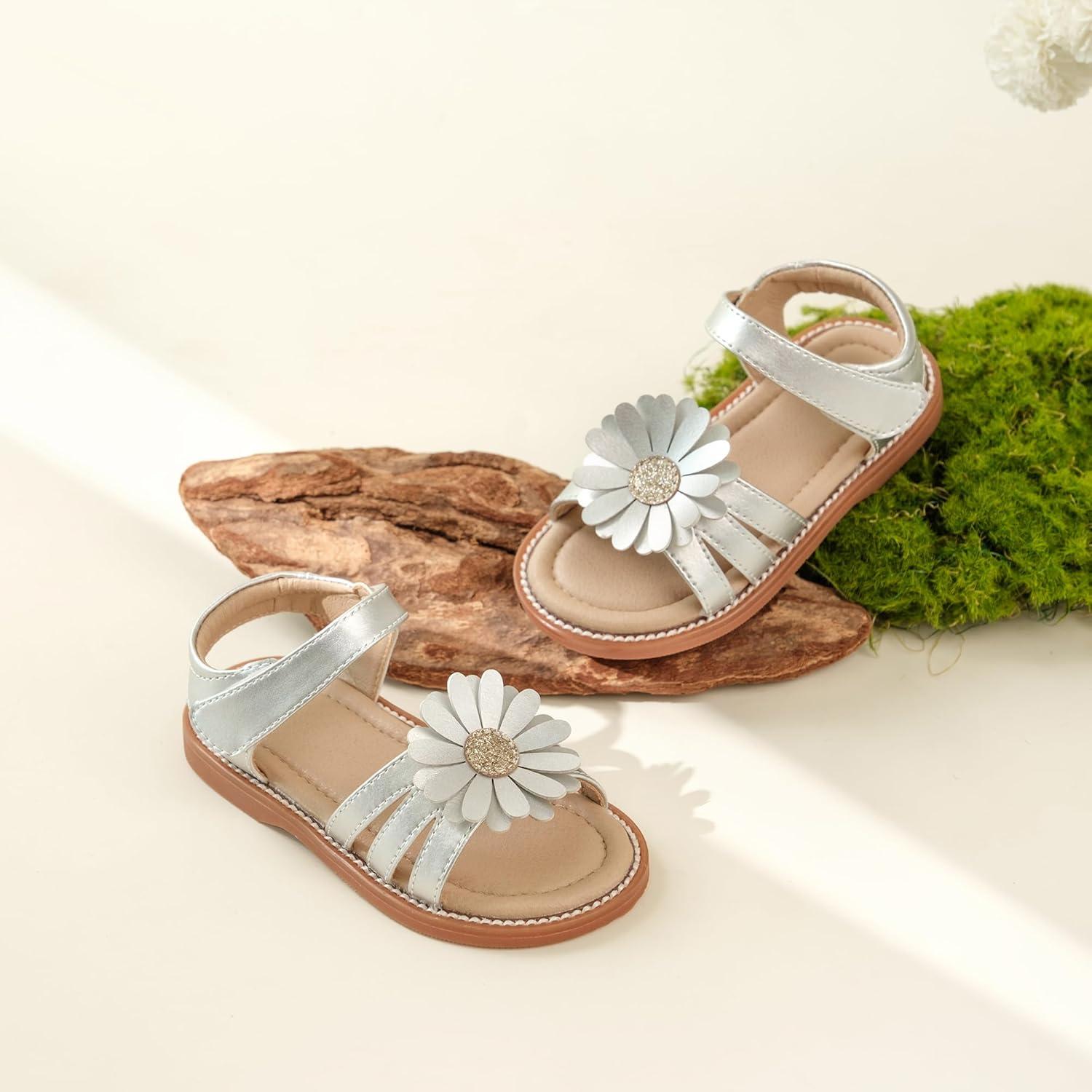 imageKiderence Toddler Girls Pink Floral Sandals Girls Casual Flat Sandals with Ankle StrapCk552 Silver