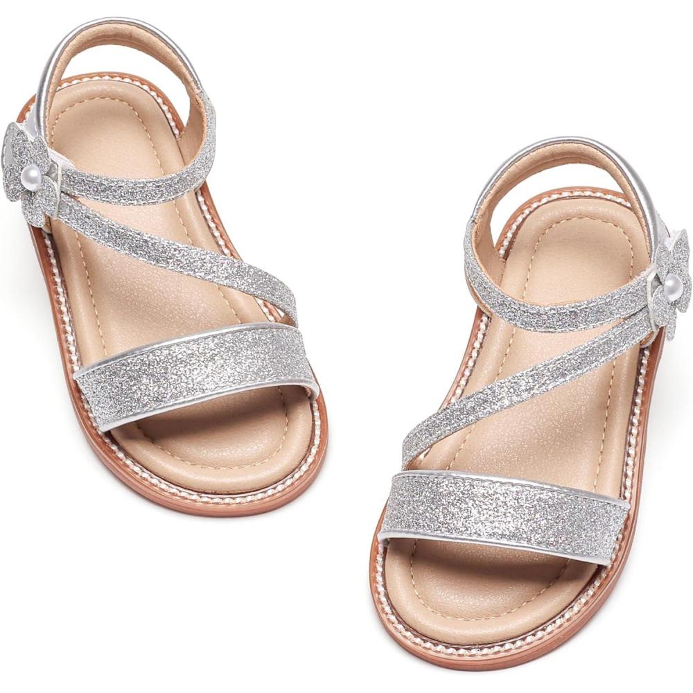 imageKiderence Toddler Girls Pink Floral Sandals Girls Casual Flat Sandals with Ankle StrapCk540 Silver