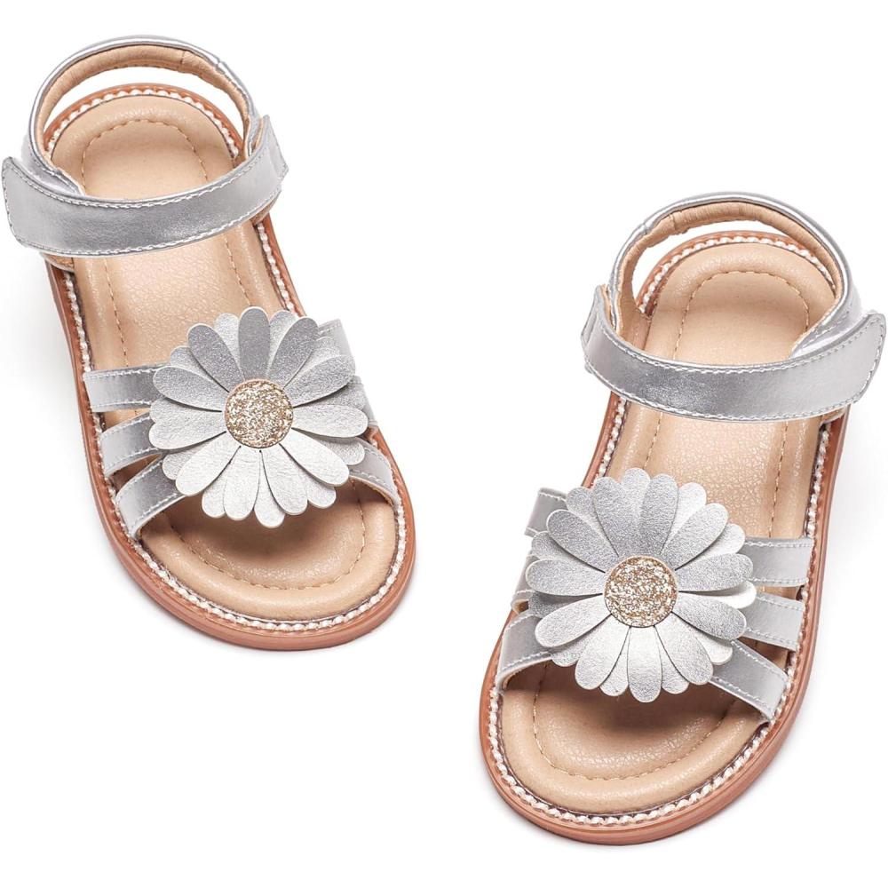 imageKiderence Toddler Girls Pink Floral Sandals Girls Casual Flat Sandals with Ankle StrapCk552 Silver