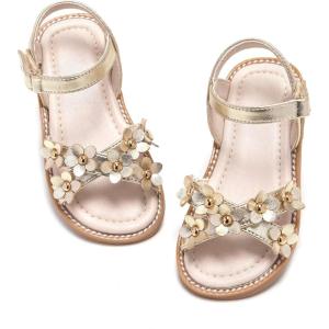 Kiderence Toddler Girls Pink Floral Sandals – Girls’ Casual Flat Sandals with Ankle Strap(Ck370 Gold)