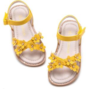 Kiderence Toddler Girls Pink Floral Sandals – Girls’ Casual Flat Sandals with Ankle Strap(Ck370 Yellow)