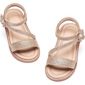 Kiderence Toddler Girls Pink Floral Sandals – Girls’ Casual Flat Sandals with Ankle Strap(Ck540 – Gold)