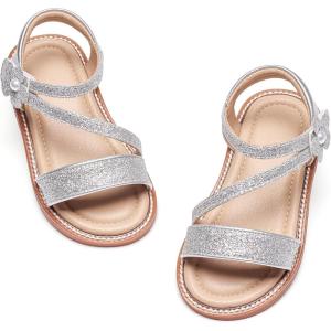 Kiderence Toddler Girls Pink Floral Sandals – Girls’ Casual Flat Sandals with Ankle Strap(Ck540 – Silver)