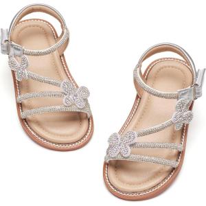 Kiderence Toddler Girls Pink Floral Sandals – Girls’ Casual Flat Sandals with Ankle Strap(Ck550 – Silver)