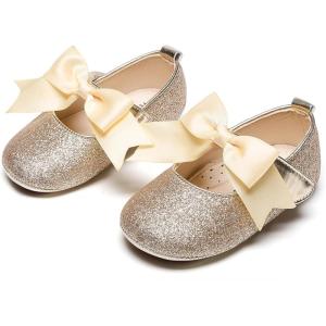 Kiderence Baby Girls Prewalker Mary Jane Flats Bowknot Princess Dress Shoes (Infant/Toddler)(F6638 Gold)