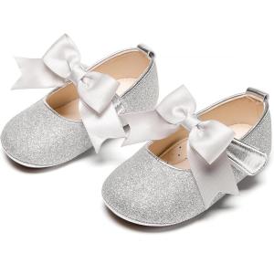 Kiderence Baby Girls Prewalker Mary Jane Flats Bowknot Princess Dress Shoes (Infant/Toddler)(F6638 Silver)