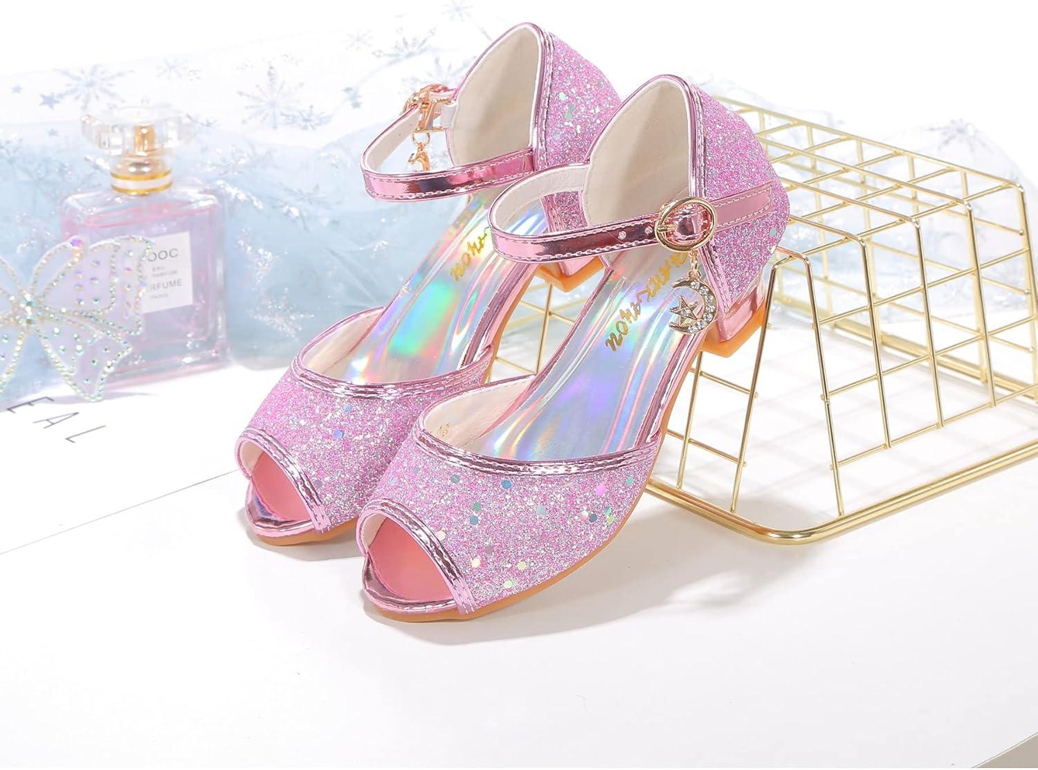 imageGirls Mary Jane Glitter Wedding Party Dress Shoes Princess Flower Strap ShoesPink