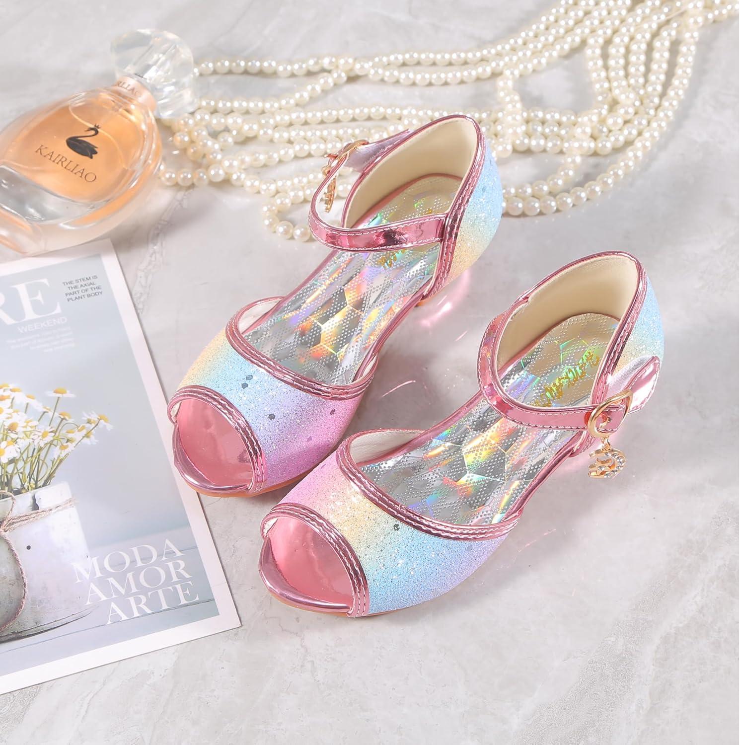 imageGirls Mary Jane Glitter Wedding Party Dress Shoes Princess Flower Strap ShoesRainbow