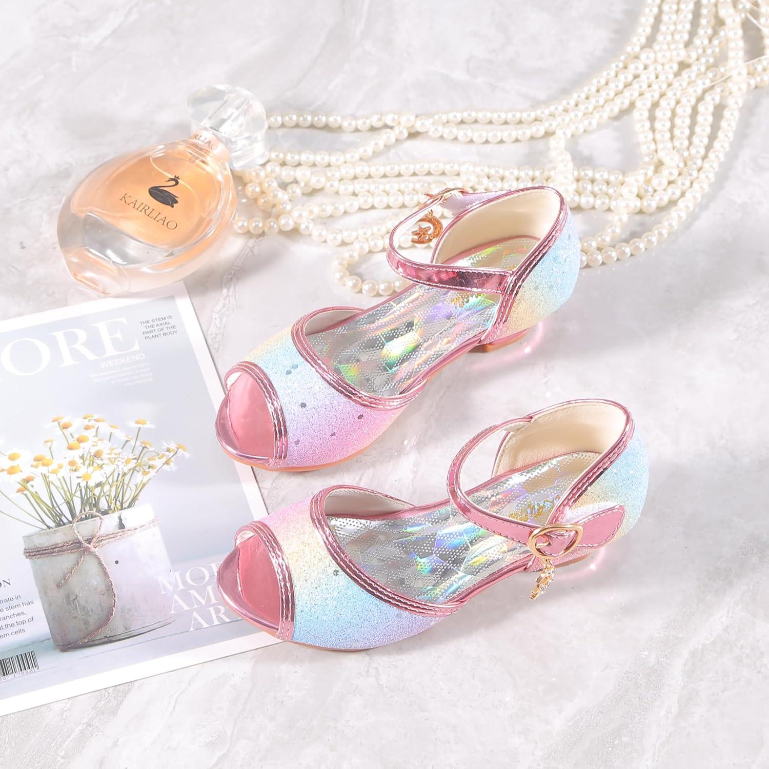 imageGirls Mary Jane Glitter Wedding Party Dress Shoes Princess Flower Strap ShoesRainbow