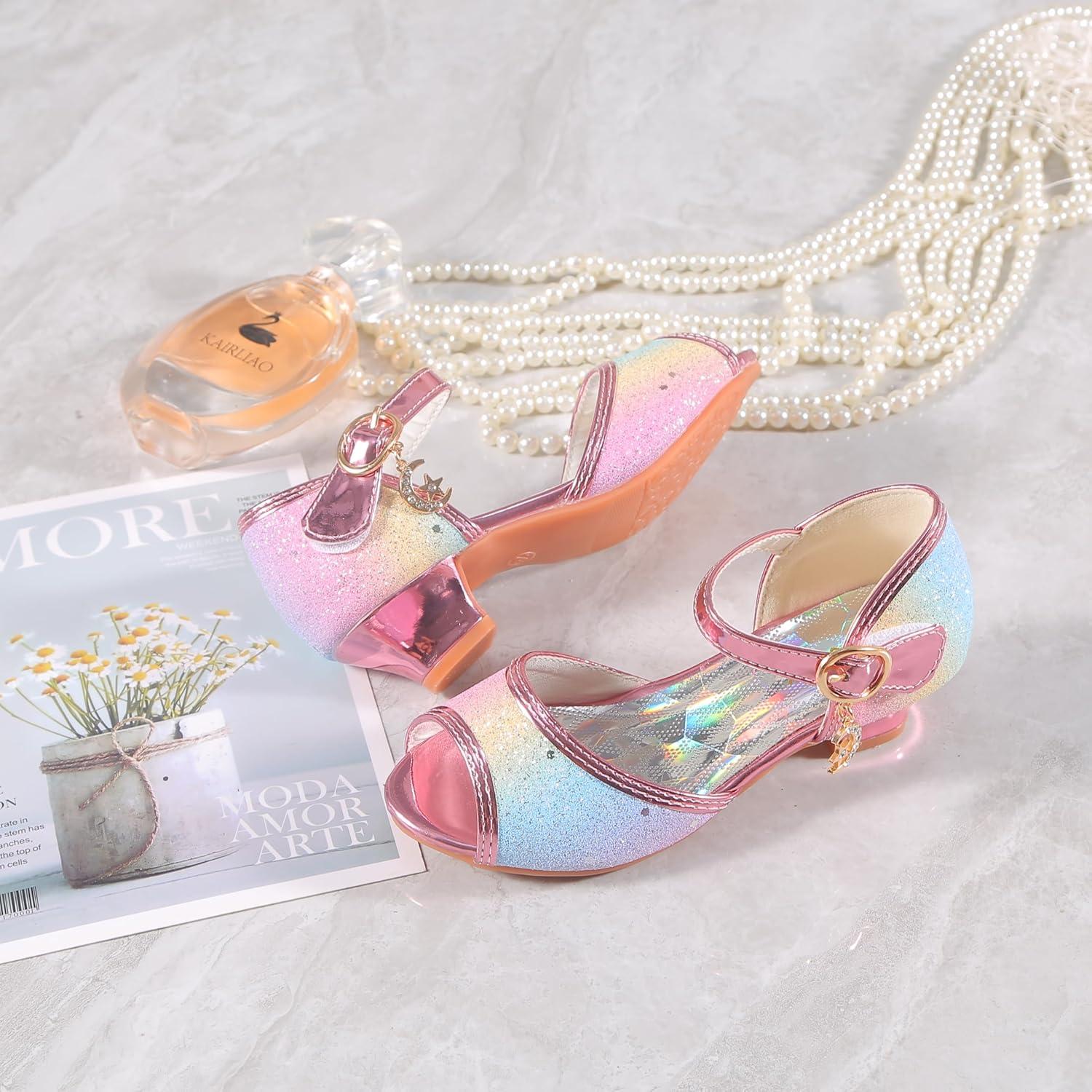 imageGirls Mary Jane Glitter Wedding Party Dress Shoes Princess Flower Strap ShoesRainbow