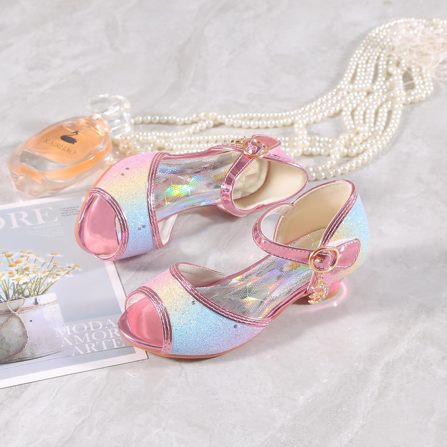 imageGirls Mary Jane Glitter Wedding Party Dress Shoes Princess Flower Strap ShoesRainbow