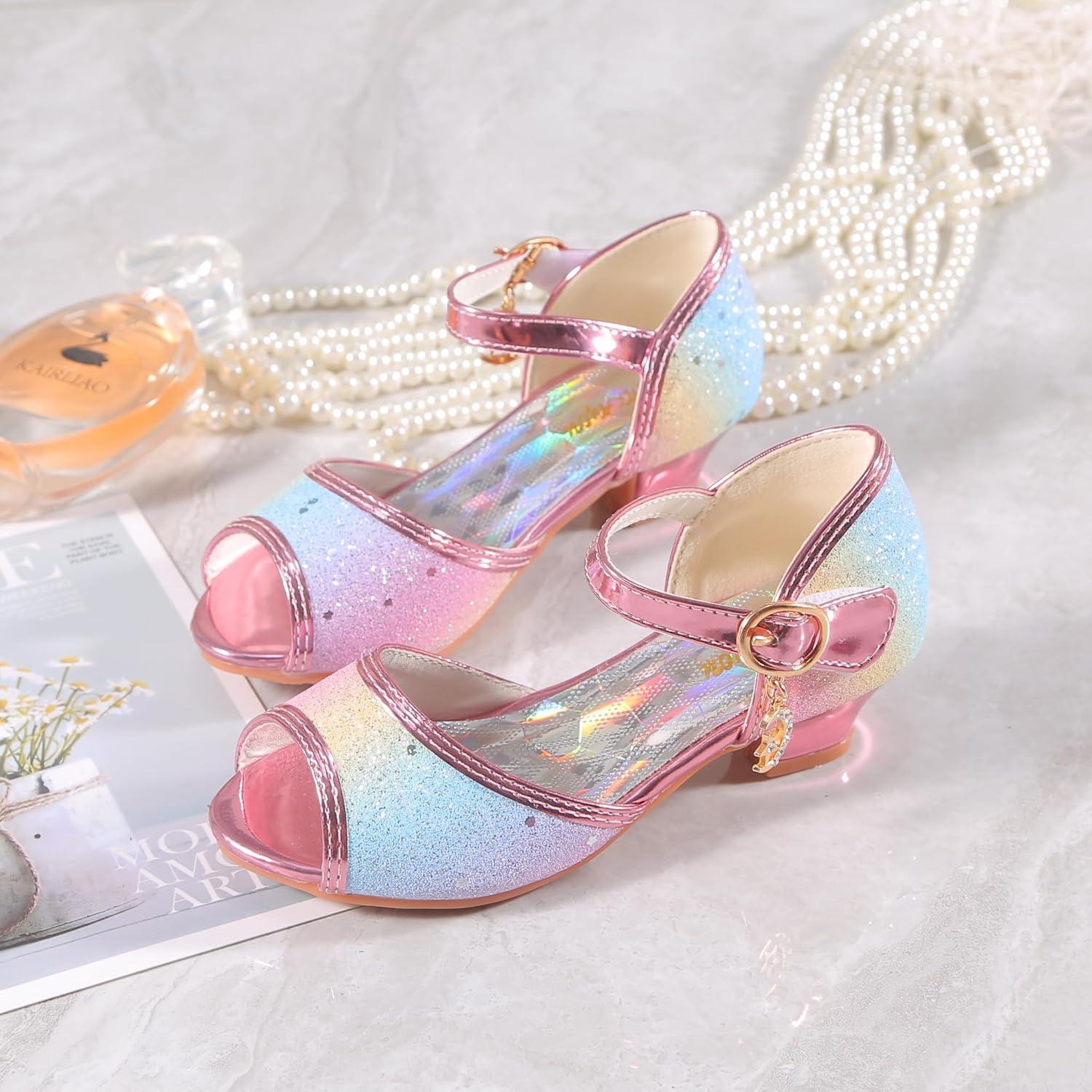 imageGirls Mary Jane Glitter Wedding Party Dress Shoes Princess Flower Strap ShoesRainbow