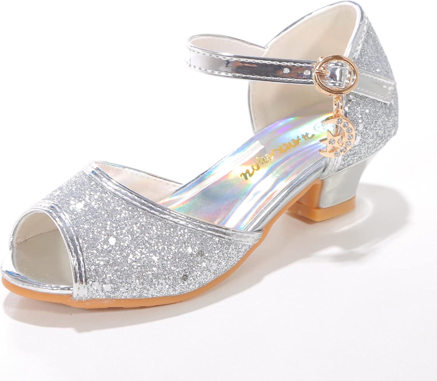 imageGirls Mary Jane Glitter Wedding Party Dress Shoes Princess Flower Strap ShoesSilver