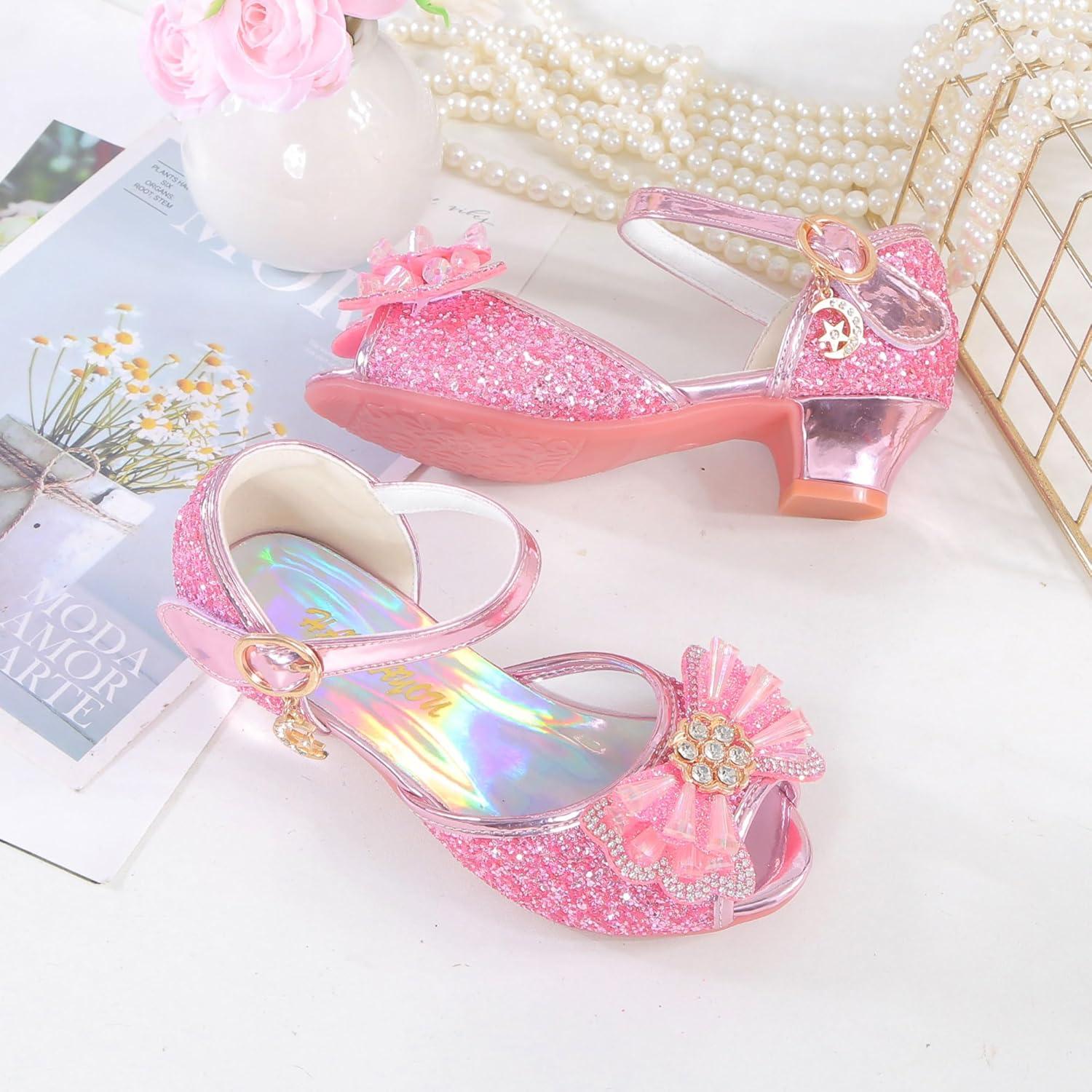 imageGirls Shoes Sparkle Mary Jane Low Heel Princess Flower Wedding Party Dress ShoesB5pink