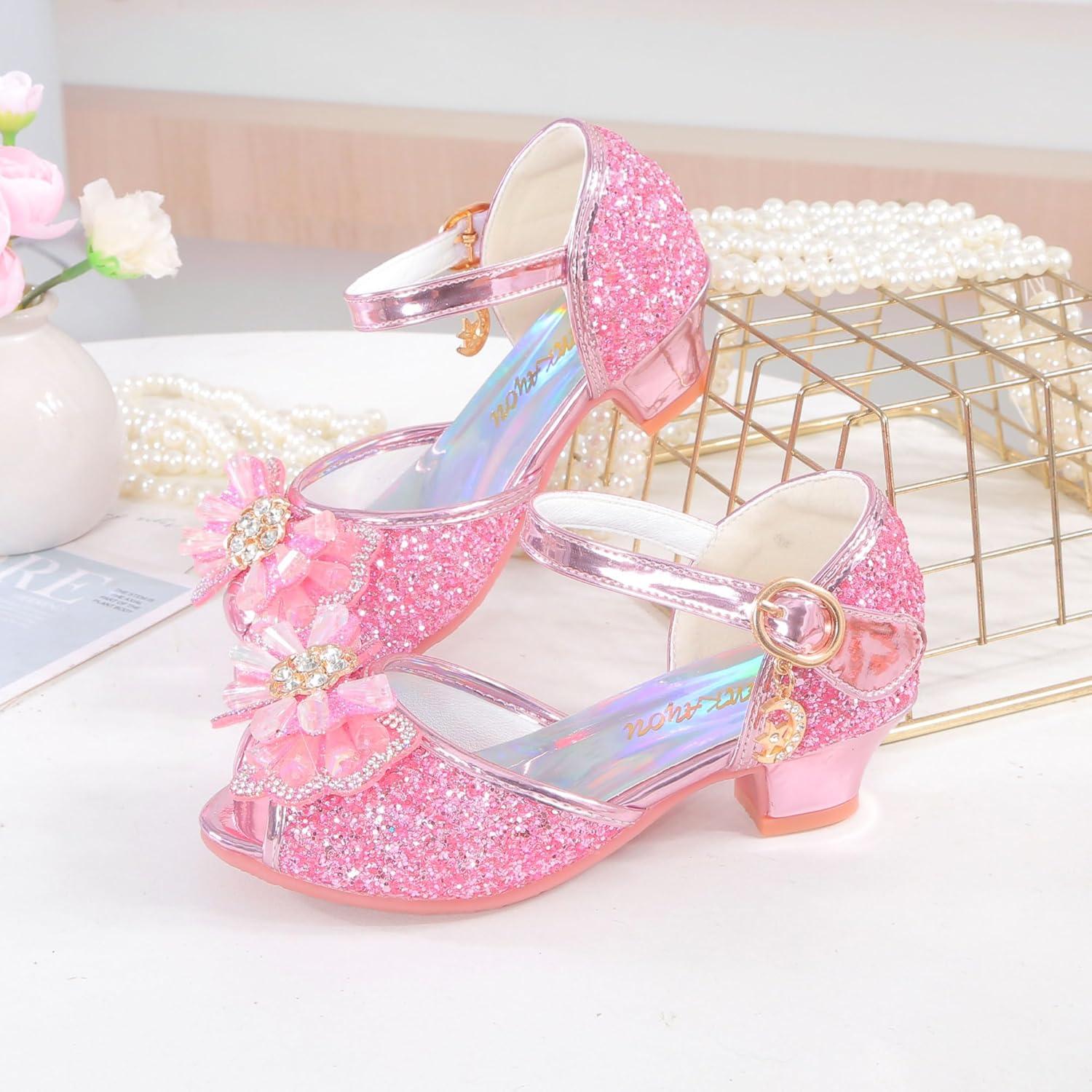 imageGirls Shoes Sparkle Mary Jane Low Heel Princess Flower Wedding Party Dress ShoesB5pink