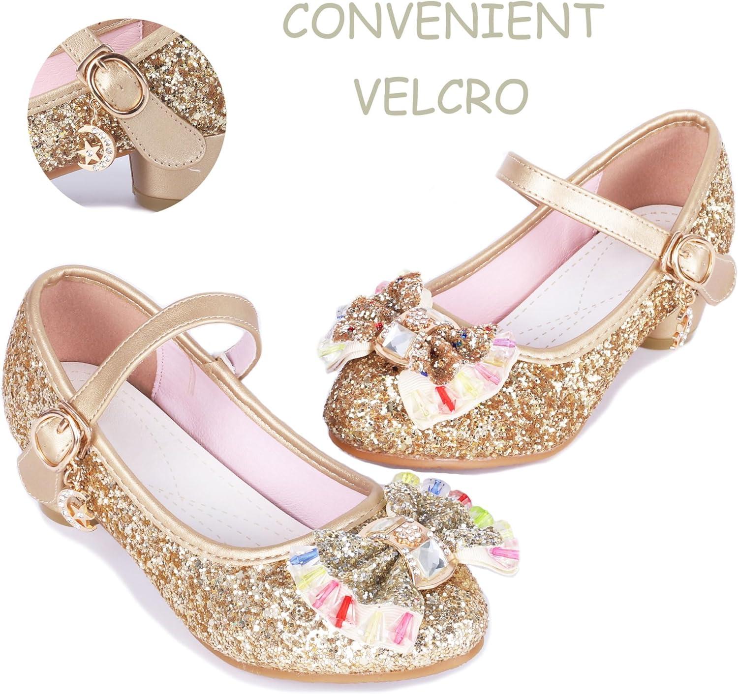 imageGirls Shoes Sparkle Mary Jane Low Heel Princess Flower Wedding Party Dress ShoesS1gold