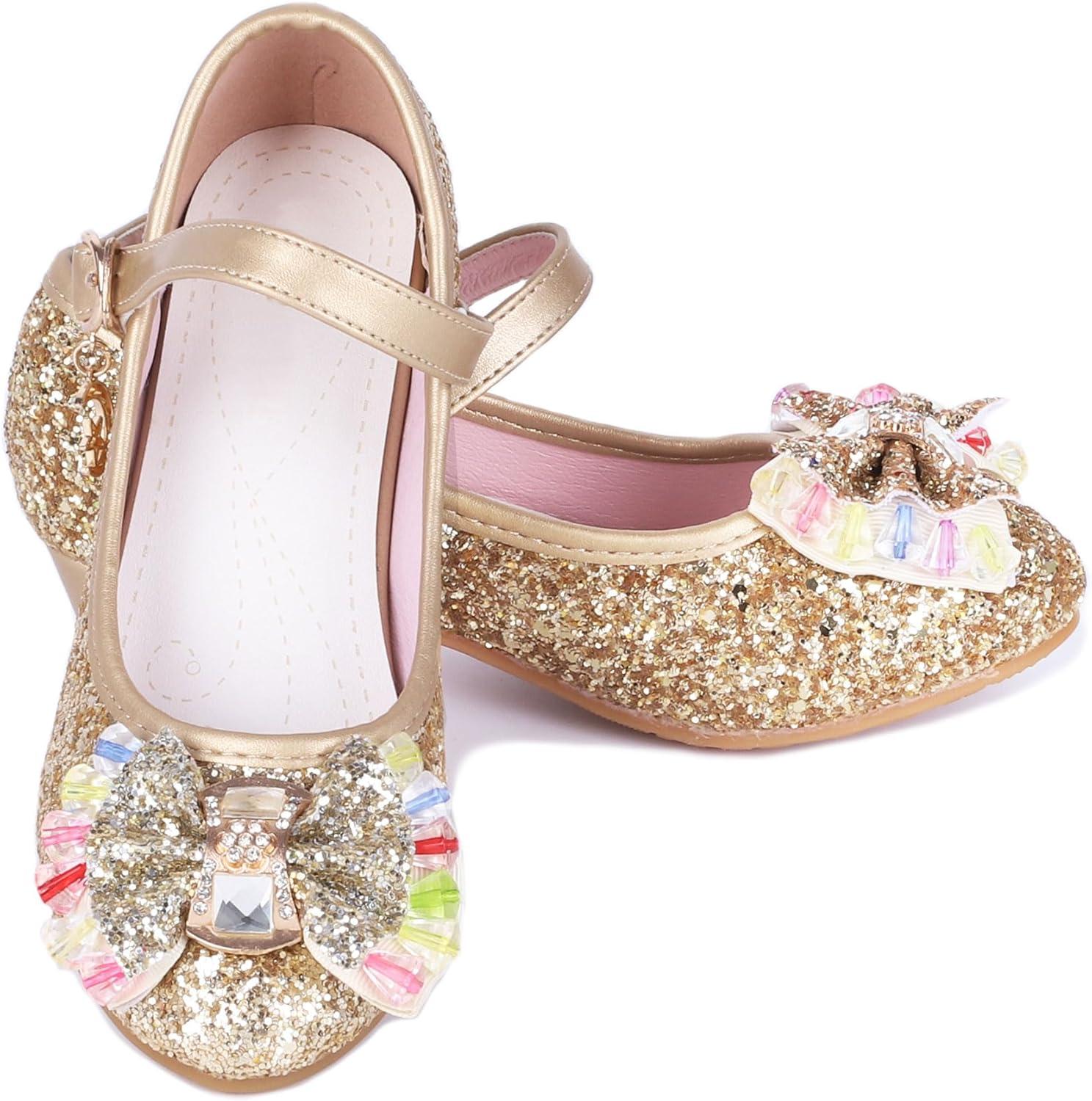 imageGirls Shoes Sparkle Mary Jane Low Heel Princess Flower Wedding Party Dress ShoesS1gold