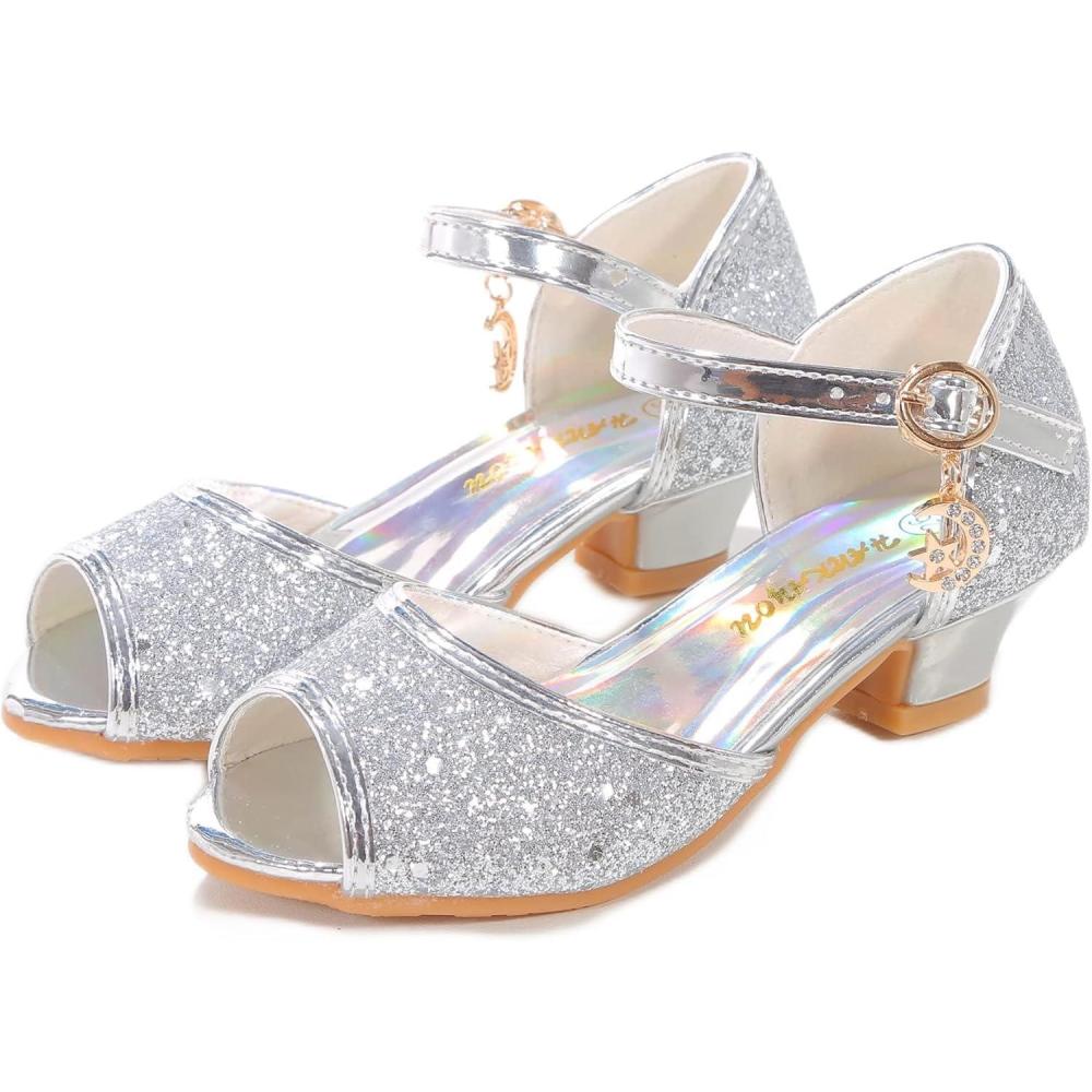 imageGirls Mary Jane Glitter Wedding Party Dress Shoes Princess Flower Strap ShoesSilver