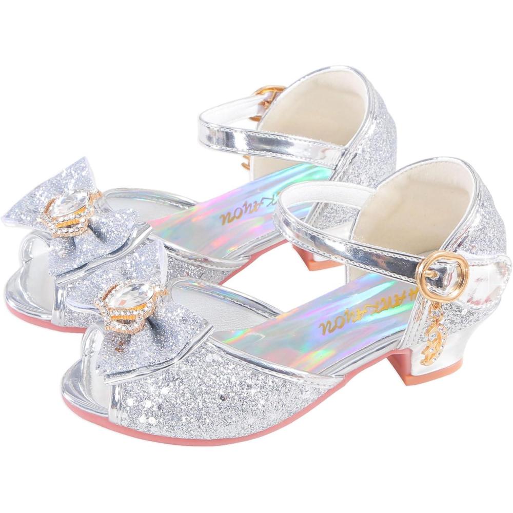 imageGirls Shoes Sparkle Mary Jane Low Heel Princess Flower Wedding Party Dress ShoesK1silver