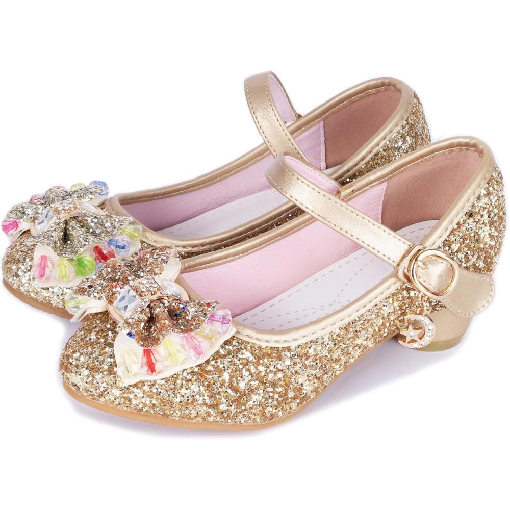 imageGirls Shoes Sparkle Mary Jane Low Heel Princess Flower Wedding Party Dress ShoesS1gold