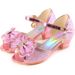 Girls Mary Jane Glitter Wedding Party Dress Shoes Princess Flower Strap Shoes(03pink)