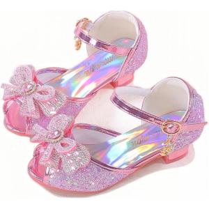 Girls Mary Jane Glitter Wedding Party Dress Shoes Princess Flower Strap Shoes(A6pink)