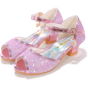 Girls Mary Jane Glitter Wedding Party Dress Shoes Princess Flower Strap Shoes(Pink)