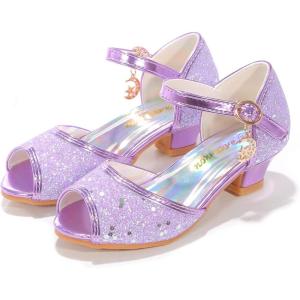 Girls Mary Jane Glitter Wedding Party Dress Shoes Princess Flower Strap Shoes(Purple)