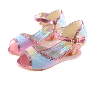 Girls Mary Jane Glitter Wedding Party Dress Shoes Princess Flower Strap Shoes(Rainbow)