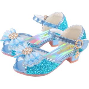 Girls Shoes Sparkle Mary Jane Low Heel Princess Flower Wedding Party Dress Shoes(B5-blue)