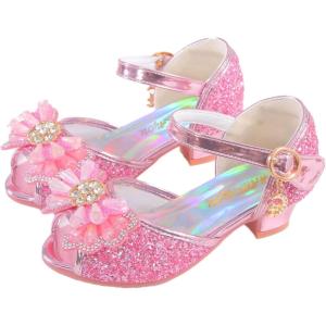 Girls Shoes Sparkle Mary Jane Low Heel Princess Flower Wedding Party Dress Shoes(B5-pink)