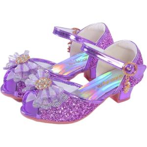 Girls Shoes Sparkle Mary Jane Low Heel Princess Flower Wedding Party Dress Shoes(B5purple)