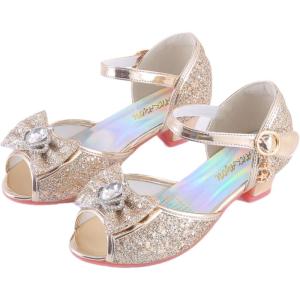 Girls Shoes Sparkle Mary Jane Low Heel Princess Flower Wedding Party Dress Shoes(K1-gold)