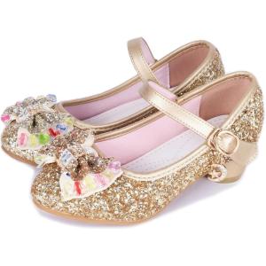 Girls Shoes Sparkle Mary Jane Low Heel Princess Flower Wedding Party Dress Shoes(S1gold)