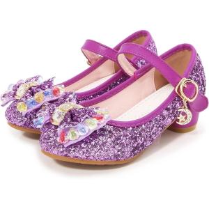 Girls Shoes Sparkle Mary Jane Low Heel Princess Flower Wedding Party Dress Shoes(S1purple)
