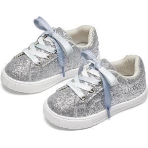Kiderence Toddler Girls Sneakers Little Girls Running Sports Shoes(Toddler/Little Kids)(Cs808-silver)